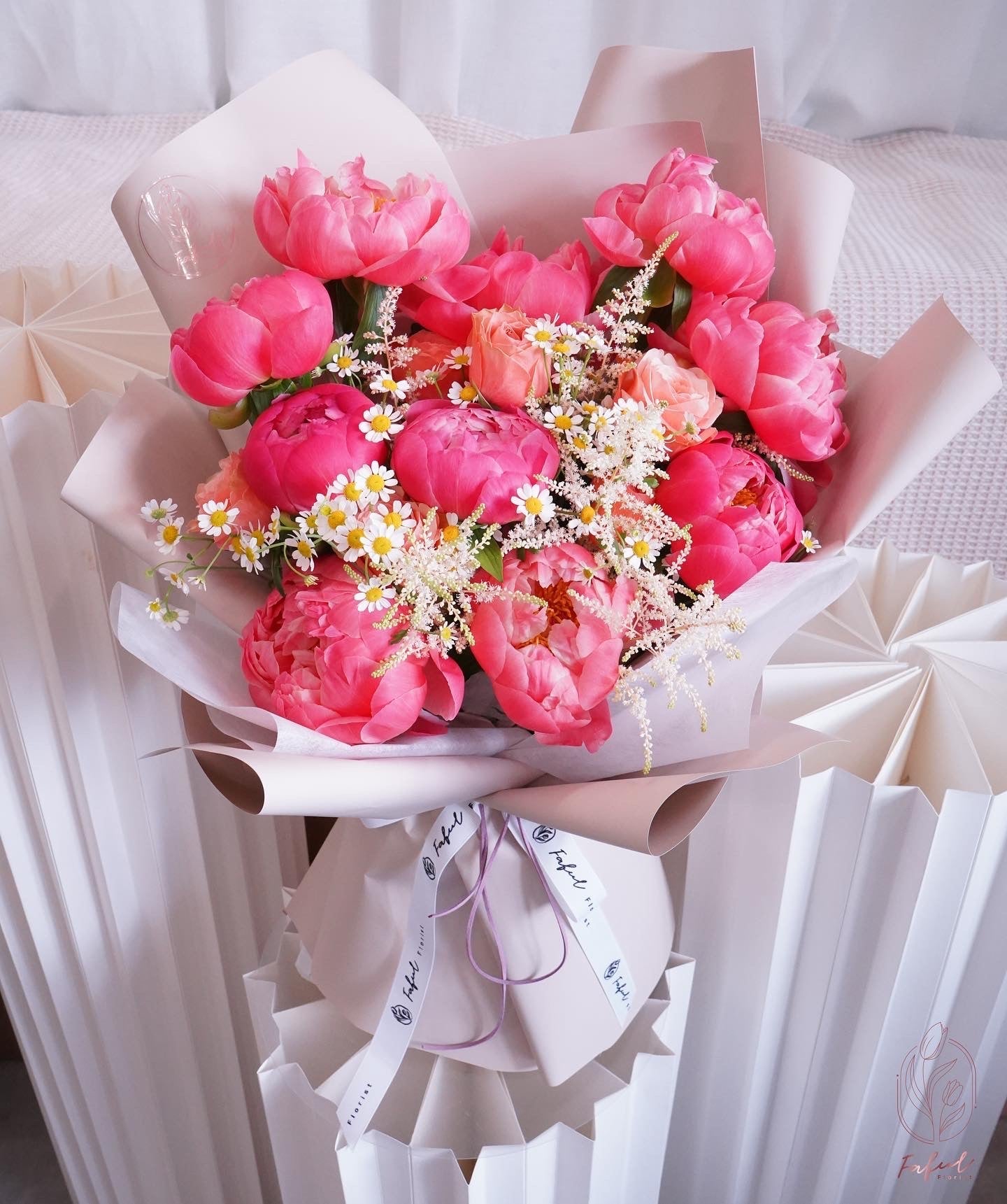 Coral Charm Peony (with Daisy) | Peony - Fresh Flowers - Bouquet - Anniversary - Birthday - Bouquet - 1