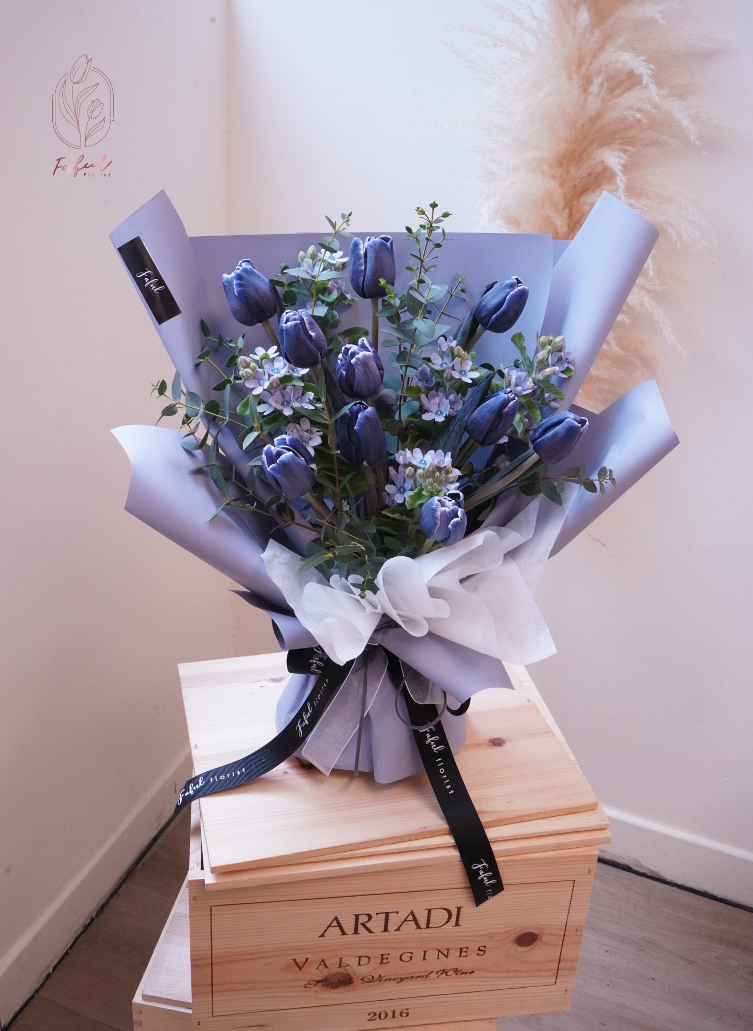 "Blue Violet Tulip Flowers with Tweedia" - An enchanting arrangement combining blue-violet tulips and Tweedia, perfect flowers for flower delivery in Hong Kong.