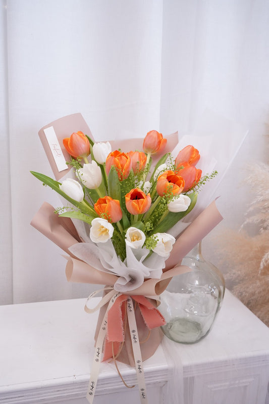 Tulip (2 Colors) - Fresh flowers, Tulips- 18 stems - Orange - White - Anniversary - Birthday - Bouquet - 1