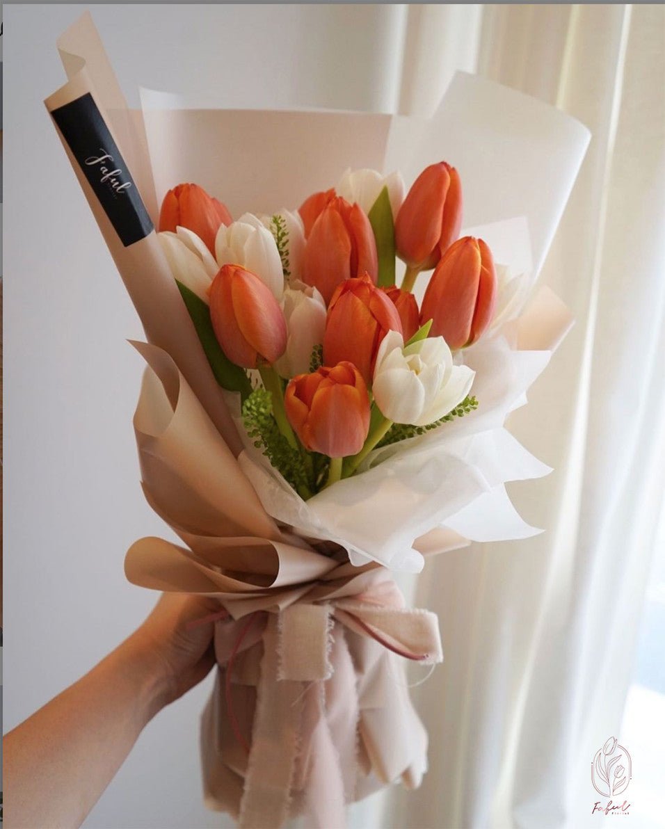 Tulip (2 Colors) - Fresh flowers, Tulips- 18 stems - Orange - Yellow - Anniversary - Birthday - Bouquet - 6